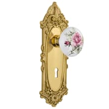 Rose Porcelain Solid Brass Privacy Door Knob Set with Victorian Rose, Keyhole and 2-3/8" Backset