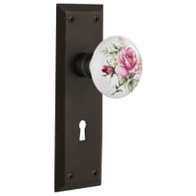 Rose Porcelain Solid Brass Vintage Skeleton Key Retrofit Entry Handleset Trim with New York Rose, Keyhole and 2-1/4" Backset