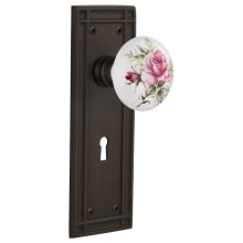 Rose Porcelain Solid Brass Passage Door Knob Set with Mission Rose, Keyhole and 2-3/4" Backset
