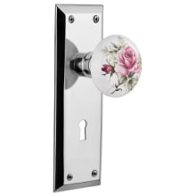 Rose Porcelain Solid Brass Passage Door Knob Set with New York Rose, Keyhole and 2-3/4" Backset