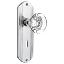 Round Clear Crystal Passage Door Knob Set with Solid Brass Art Deco Back Plate, Keyhole and 2-3/8" Backset