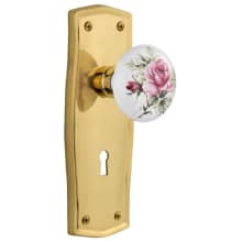 Vintage Farmhouse Painted Rose Passage Door Knob Set with Solid Brass Prairie Country Backplate, Keyhole and 2-3/4" Backset