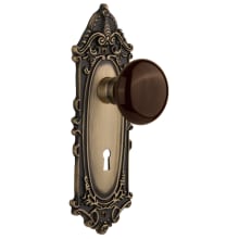 Brown Porcelain Solid Brass Passage Door Knob Set with Victorian Rose, Keyhole and 2-3/4" Backset