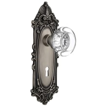 Round Clear Crystal Solid Brass Privacy Door Knob Set with Victorian Rose, Keyhole and 2-3/8" Backset