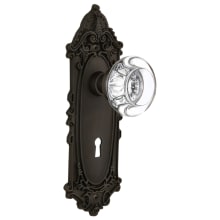 Round Clear Crystal Solid Brass Privacy Door Knob Set with Victorian Rose, Keyhole and 2-3/8" Backset