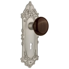 Brown Porcelain Solid Brass Passage Door Knob Set with Victorian Rose, Keyhole and 2-3/4" Backset