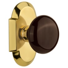 Brown Porcelain Solid Brass Privacy Door Knob Set with Cottage Style Plate and 2-3/8" Backset