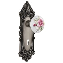 Rose Porcelain Solid Brass Passage Door Knob Set with Victorian Rose, Keyhole and 2-3/4" Backset