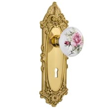 Rose Porcelain Solid Brass Passage Door Knob Set with Victorian Rose, Keyhole and 2-3/4" Backset