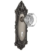 Waldorf Lead Crystal Passage Door Knob Set with Solid Brass Victorian Backplate, Skeleton Keyhole and 2-3/4" Backset