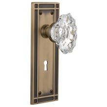 Vintage Chateau Fluted Crystal Privacy Door Knob Set with Solid Brass Mission Style Backplate, Keyhole and 2-3/8" Backset