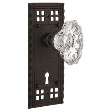 Vintage Chateau Fluted Crystal Privacy Door Knob Set with Solid Brass Long Craftsman Plate, Keyhole and 2-3/8" Backset