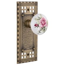 Vintage Porcelain Painted Rose Privacy Door Knob Set with Forged Brass Long Craftsman Plate and 2-3/4" Backset