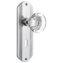 Round Clear Crystal Privacy Door Knob Set with Solid Brass Art Deco Back Plate and 2-3/4" Backset