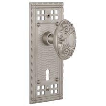 Victorian Solid Brass Passage Door Knob Set with Long Craftsman Plate, Keyhole and 2-3/8" Backset