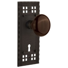 Brown Porcelain Solid Brass Passage Door Knob Set with Long Craftsman Plate, Keyhole and 2-3/8" Backset