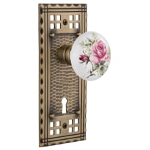 Vintage Porcelain Painted Rose Passage Door Knob Set with Forged Brass Long Craftsman Plate, Keyhole and 2-3/8" Backset