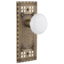 Vintage White Porcelain Privacy Door Knob Set with Forged Brass Long Craftsman Plate and 2-3/8" Backset
