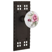 Vintage Porcelain Painted Rose Privacy Door Knob Set with Forged Brass Long Craftsman Plate and 2-3/8" Backset
