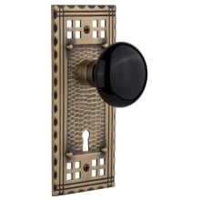 Black Porcelain Solid Brass Privacy Door Knob Set with Long Craftsman Plate, Keyhole and 2-3/8" Backset