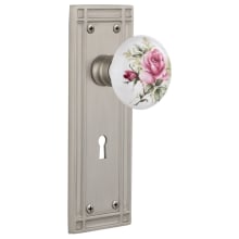 Rose Porcelain Solid Brass Passage Door Knob Set with Mission Rose, Keyhole and 2-3/8" Backset