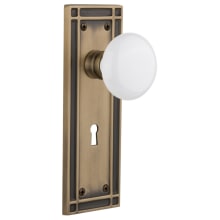 White Porcelain Solid Brass Single Dummy Door Knob with Mission Rose and Keyhole