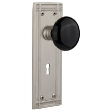 Vintage Black Porcelain Privacy Door Knob Set with Solid Brass Mission Style Backplate, Keyhole and 2-3/8" Backset