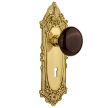 Brown Porcelain Solid Brass Privacy Door Knob Set with Victorian Rose, Keyhole and 2-3/8" Backset