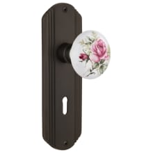 Vintage Porcelain Painted Rose Privacy Door Knob Set with Solid Brass Art Deco Plate, Keyhole and 2-3/4" Backset