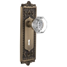 Vintage Waldorf Crystal Gem Cut Octagon Privacy Door Knob Set with Solid Brass VIctorian Egg and Dart Back Plate, Keyhole and 2-3/4" Backset