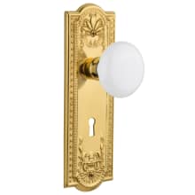 Vintage Farmhouse White Porcelain Privacy Door Knob Set with Solid Brass Meadows Rose, Keyhole and 2-3/4" Backset
