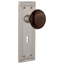 Brown Porcelain Solid Brass Privacy Door Knob Set with Mission Rose, Keyhole and 2-3/4" Backset