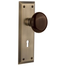 Brown Porcelain Solid Brass Privacy Door Knob Set with New York Rose, Keyhole and 2-3/4" Backset