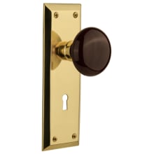 Brown Porcelain Solid Brass Privacy Door Knob Set with New York Rose, Keyhole and 2-3/4" Backset