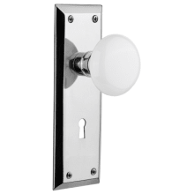 White Porcelain Solid Brass Privacy Door Knob Set with New York Rose, Keyhole and 2-3/4" Backset