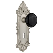 Black Porcelain Solid Brass Privacy Door Knob Set with Victorian Rose, Keyhole and 2-3/4" Backset