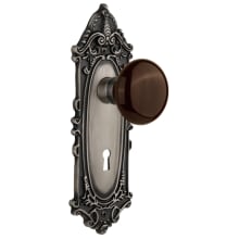 Brown Porcelain Solid Brass Privacy Door Knob Set with Victorian Rose, Keyhole and 2-3/4" Backset