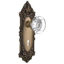 Round Clear Crystal Solid Brass Privacy Door Knob Set with Victorian Rose, Keyhole and 2-3/4" Backset