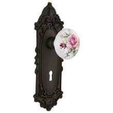 Rose Porcelain Solid Brass Privacy Door Knob Set with Victorian Rose, Keyhole and 2-3/4" Backset