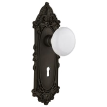 White Porcelain Solid Brass Privacy Door Knob Set with Victorian Rose, Keyhole and 2-3/4" Backset