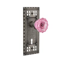 Craftsman Solid Brass Rose Passage Door Knob Set with Pink Crystal Knob and Keyhole for 2-3/8" Backset