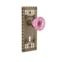 Craftsman Solid Brass Rose Passage Door Knob Set with Pink Crystal Knob and Keyhole for 2-3/4" Backset