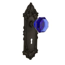Victorian Rose Passage Door Knob Set with Cobalt Waldorf Knob and Decorative Skeleton Keyhole for 2-3/4" Backset