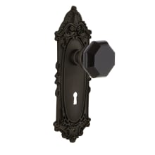 Victorian Rose Passage Door Knob Set with Black Waldorf Knob and Decorative Skeleton Keyhole for 2-3/4" Backset