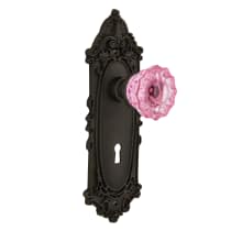 Victorian Rose Single Dummy Door Knob with Pink Crystal Knob and Decorative Skeleton Keyhole