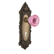 Victorian Rose Privacy Door Knob Set with Pink Crystal Knob and Decorative Skeleton Keyhole for 2-3/8" Backset