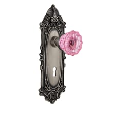 Victorian Rose Privacy Door Knob Set with Pink Crystal Knob and Decorative Skeleton Keyhole for 2-3/8" Backset