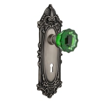 Victorian Rose Privacy Door Knob Set with Emerald Crystal Knob and Decorative Skeleton Keyhole for 2-3/8" Backset