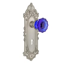 Victorian Rose Privacy Door Knob Set with Cobalt Crystal Knob and Decorative Skeleton Keyhole for 2-3/8" Backset