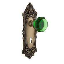 Victorian Rose Privacy Door Knob Set with Emerald Waldorf Knob and Decorative Skeleton Keyhole for 2-3/8" Backset
